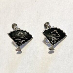 Vintage Damoscene Fan Earrings (Screw backs)--Amita Sterling